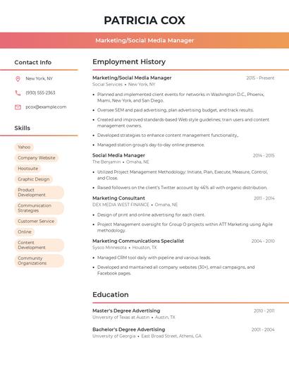 Marketing/Social Media Manager Resume