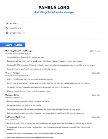 Marketing/Social Media Manager Resume