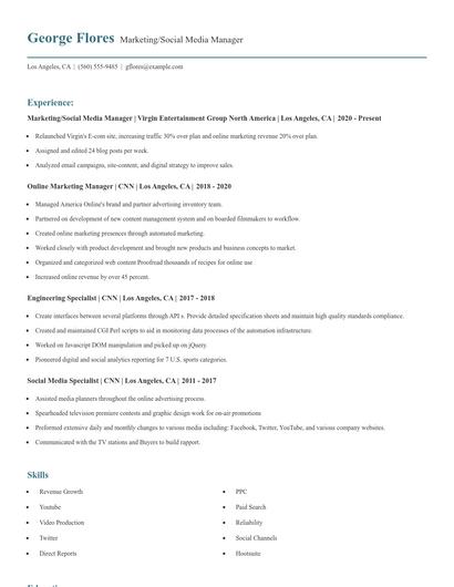 Marketing/Social Media Manager Resume