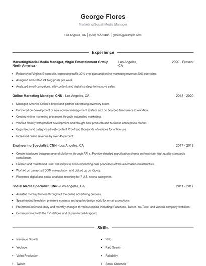 Marketing/Social Media Manager Resume
