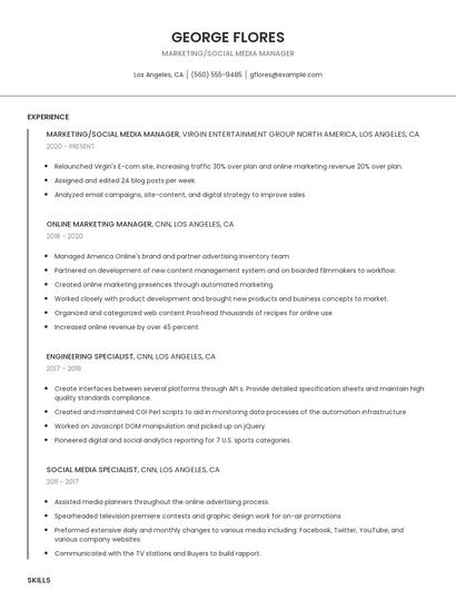 Marketing/Social Media Manager Resume