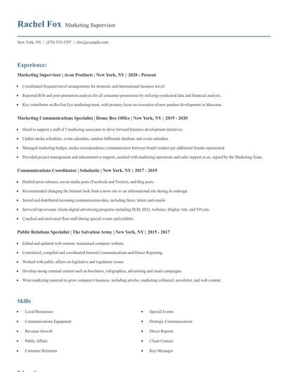 Marketing Supervisor Resume