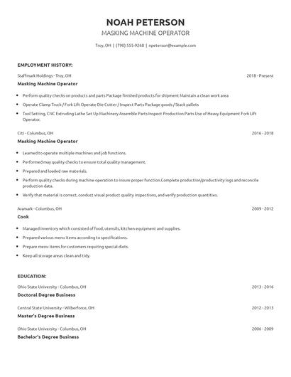 Masking Machine Operator Resume