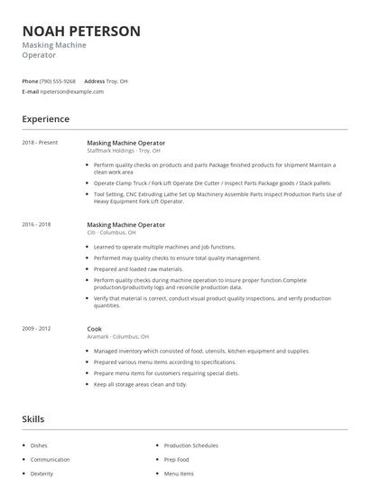 Masking Machine Operator Resume