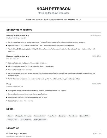 Masking Machine Operator Resume