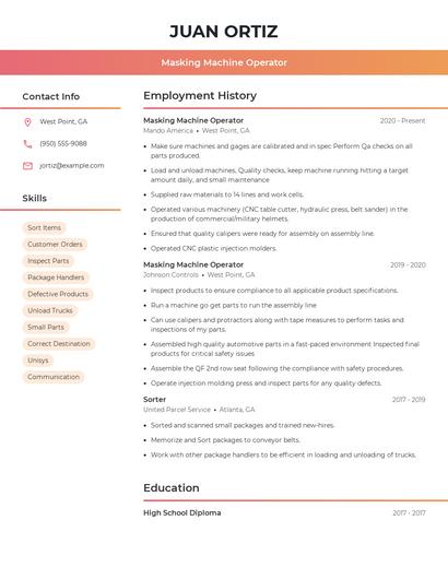 Masking Machine Operator Resume