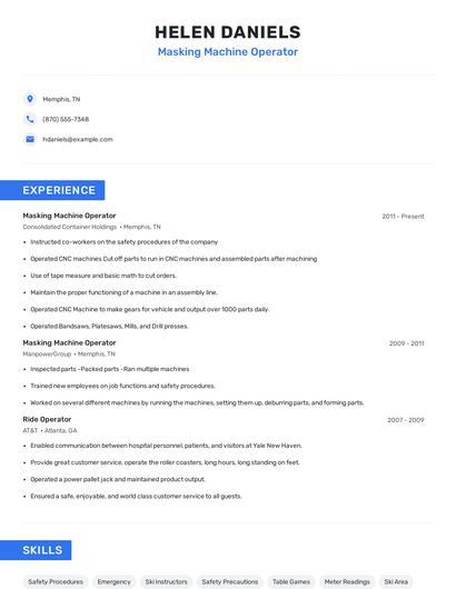 Masking Machine Operator Resume