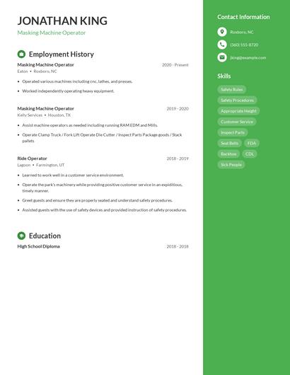 Masking Machine Operator Resume