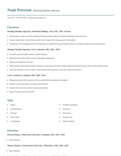 Masking Machine Operator Resume