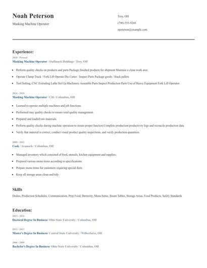 Masking Machine Operator Resume