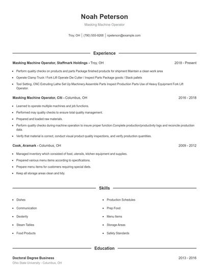 Masking Machine Operator Resume