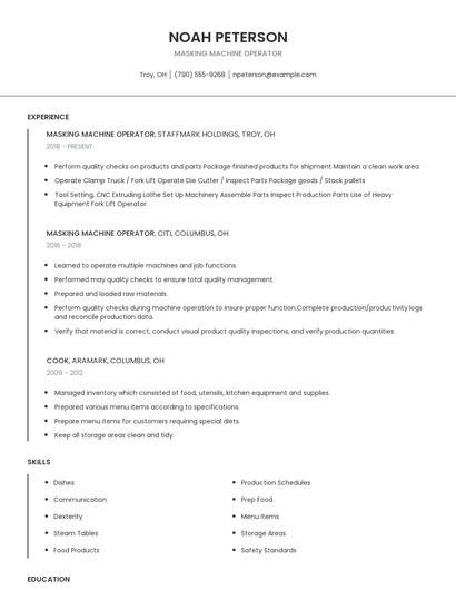 Masking Machine Operator Resume