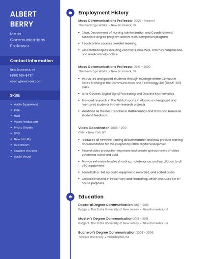 Mass Communications Professor Resume