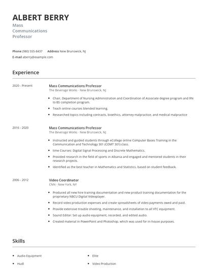 Mass Communications Professor Resume