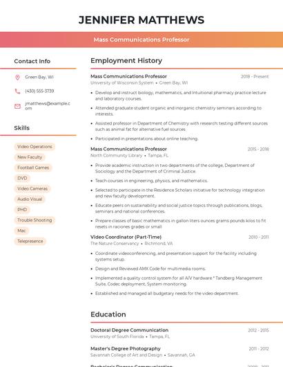 Mass Communications Professor Resume