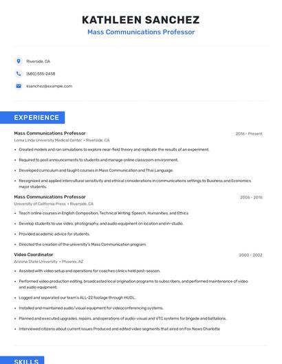 Mass Communications Professor Resume