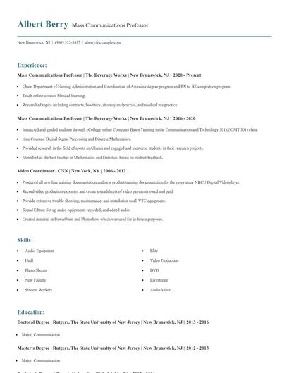 Mass Communications Professor Resume