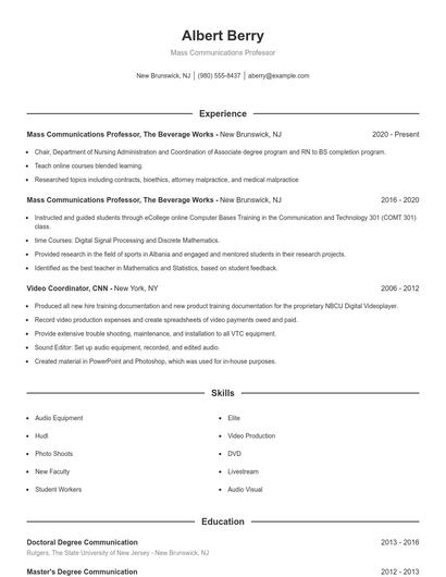 Mass Communications Professor Resume