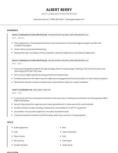 Mass Communications Professor Resume