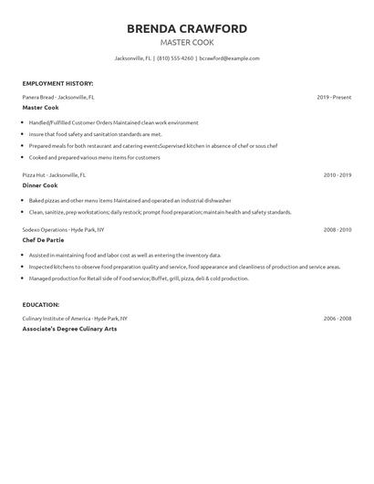 Master Cook Resume