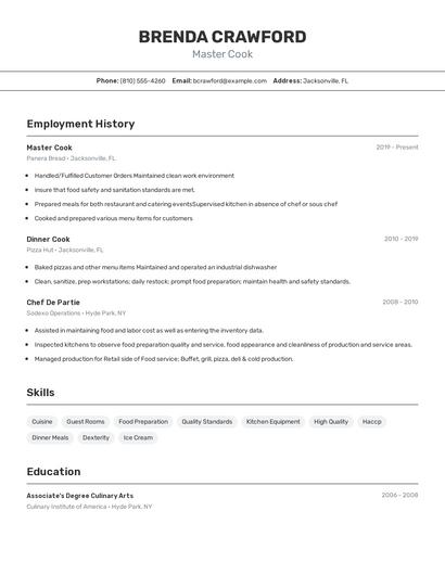 Master Cook Resume
