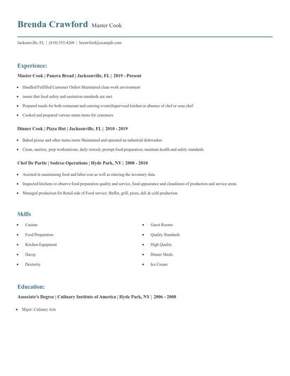 Master Cook Resume