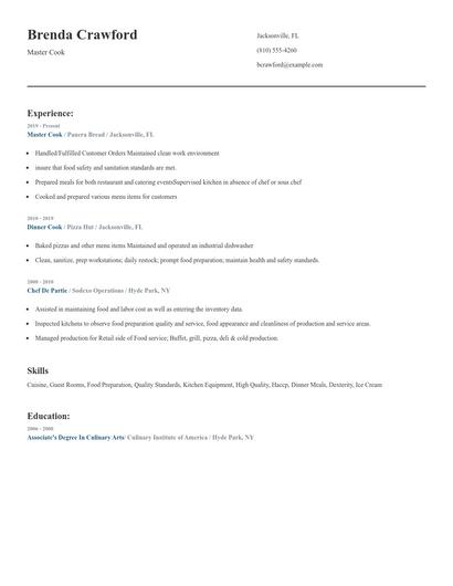 Master Cook Resume