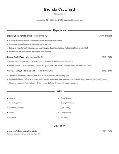 Master Cook Resume