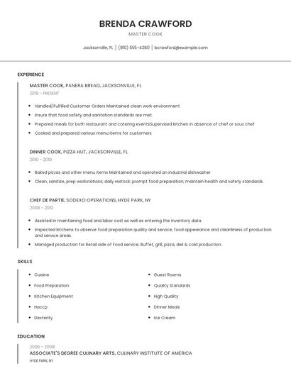 Master Cook Resume