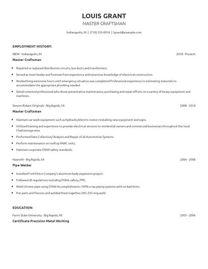 Master Craftsman Resume