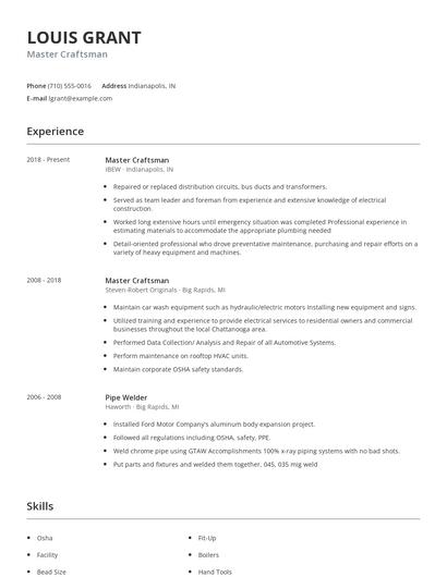 Master Craftsman Resume