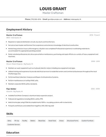 Master Craftsman Resume