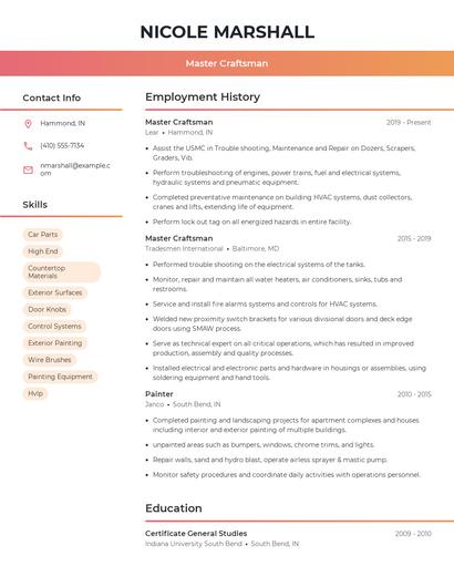 Master Craftsman Resume