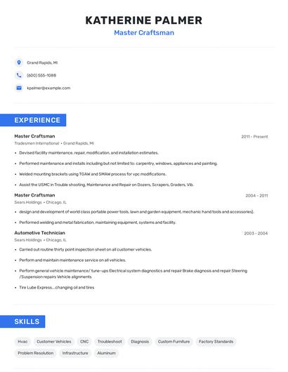 Master Craftsman Resume