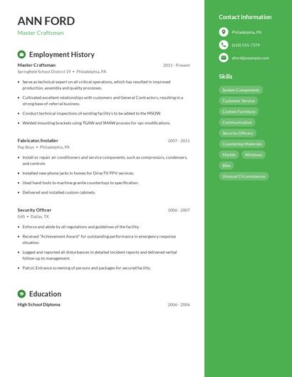 Master Craftsman Resume