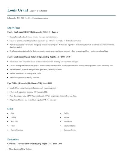 Master Craftsman Resume