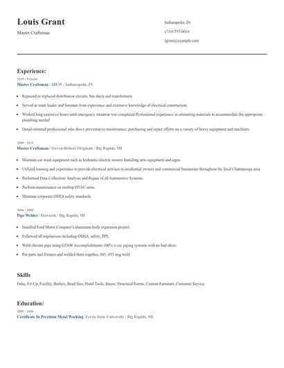 Master Craftsman Resume