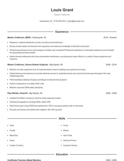 Master Craftsman Resume