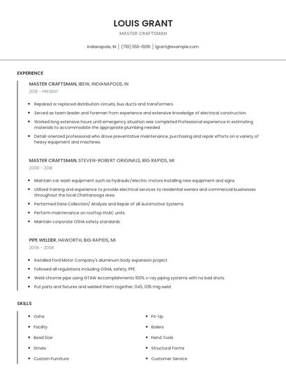 Master Craftsman Resume