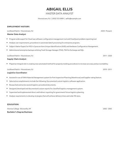 Master Data Analyst Resume