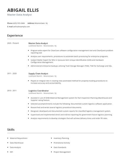 Master Data Analyst Resume