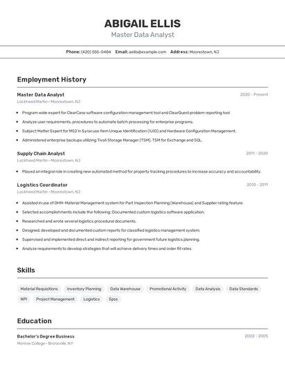 Master Data Analyst Resume