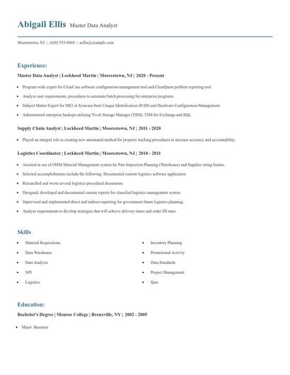 Master Data Analyst Resume