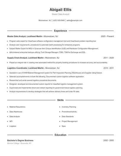 Master Data Analyst Resume