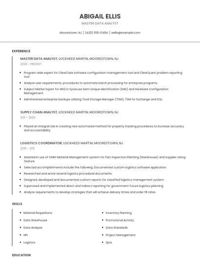 Master Data Analyst Resume