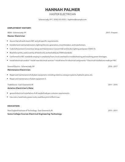 Master Electrician Resume