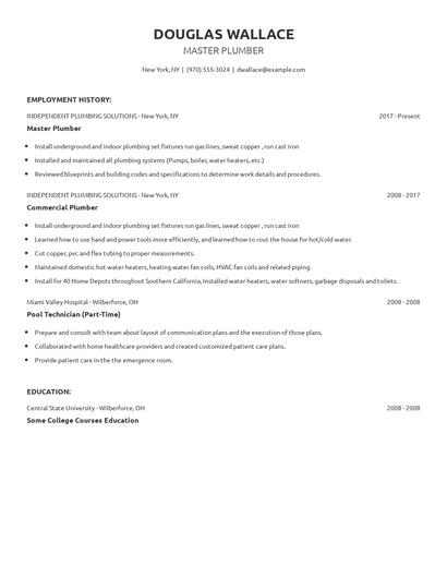 Master Plumber Resume