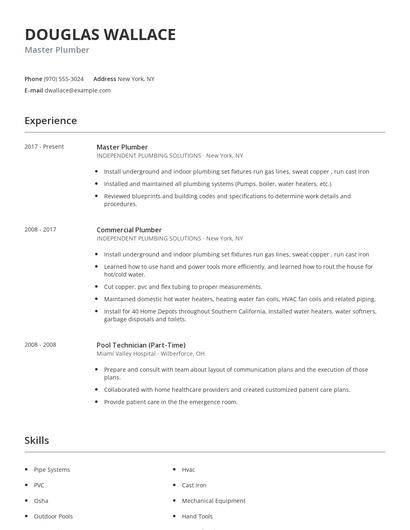 Master Plumber Resume
