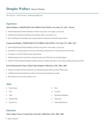 Master Plumber Resume