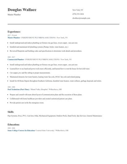 Master Plumber Resume